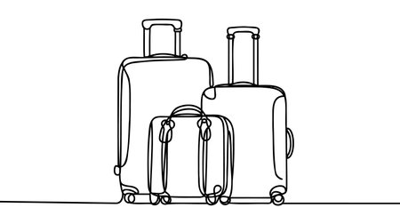 Travel suitcase in continuous line drawing style. Luggage valise with wheels and retractable handle black line sketch on white background. Vector illustration.のイラスト素材