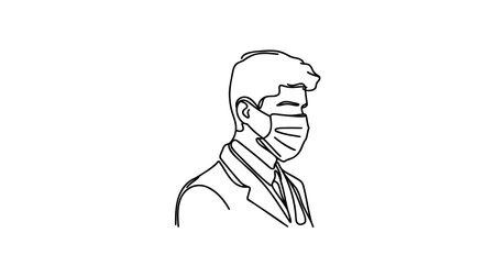 One continuous line drawing medical face mask. Concept of coronavirus. Continuous single drawn person in mask one line hand-drawn picture silhouette. Line art. doodle. Vector illustration.のイラスト素材