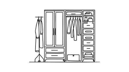 Wardrobe in continuous line art drawing style. Classical style free-standing closet for storing clothes minimalist black linear sketch isolated on white background. Vector illustration.のイラスト素材