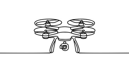 Vector continuous one single line drawing icon of quadcopter camera drone in silhouette on a white background. Linear styled.のイラスト素材
