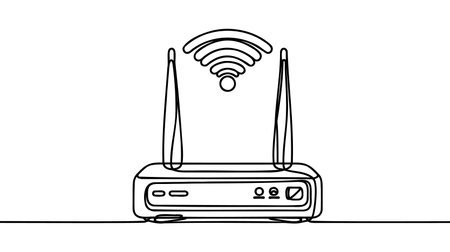 Continuous one line drawing of wireless internet router in silhouette on a white background. Router line art vector. Line art vector isolated on white background for coloring book.のイラスト素材