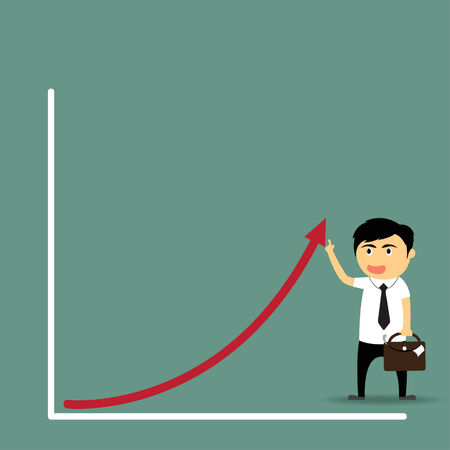 Cartoon businessman touching a graph indicating growth, point graph to success, touch graph to  high, business concept vector illustration.のイラスト素材