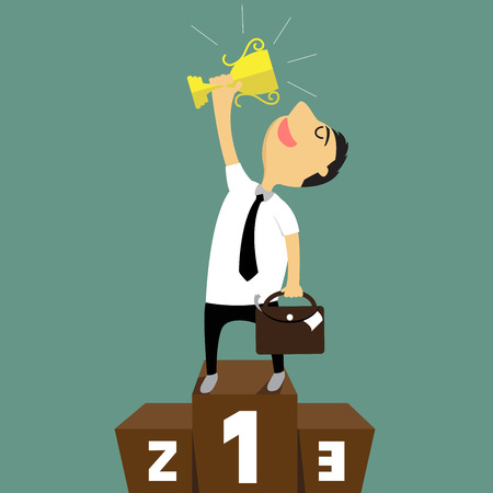 Cartoon businessman holding winning trophy on podium, success and happy concept, vector illustration.のイラスト素材
