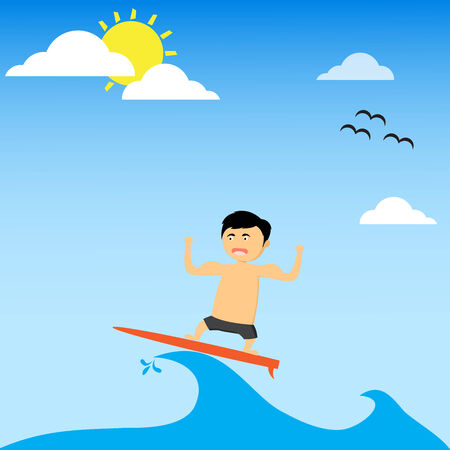 Cartoon boy surfing a wave in the sea vector illustration.のイラスト素材