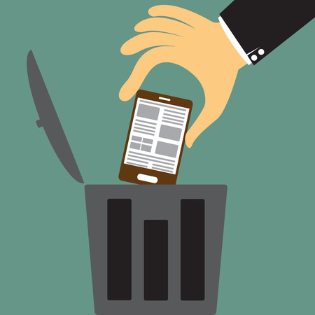 cartoon big hand throw the smartphone in the trash, Scrapping old device concept vector illustration.のイラスト素材