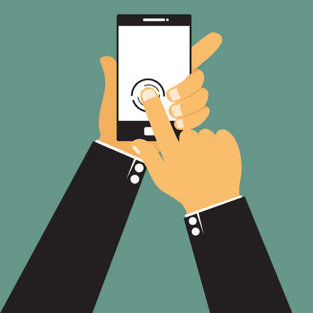 Cartoon businessman hands are holding and point on touch screen device for presentation and advertising graphicsの写真素材