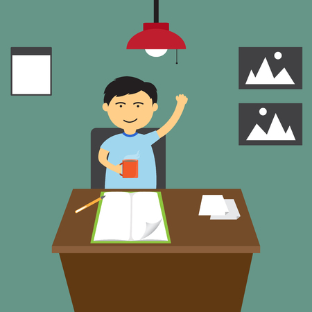 Cartoon young man work in office, vector illustration.のイラスト素材