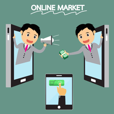 vector Illustration of cartoon businessman (boss, manager) in online market concept  for advertising and presentation.のイラスト素材