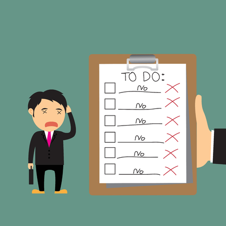 business failure, hand businessman holding clipboard presenting red x mark in business failure, vector illustration.のイラスト素材