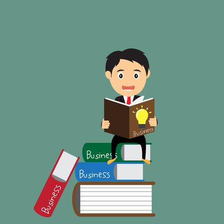 cartoon businessman learn and reading a book while sitting on the stack of colorful books, business concept. get the idea. businessman studying. vector illustration.のイラスト素材