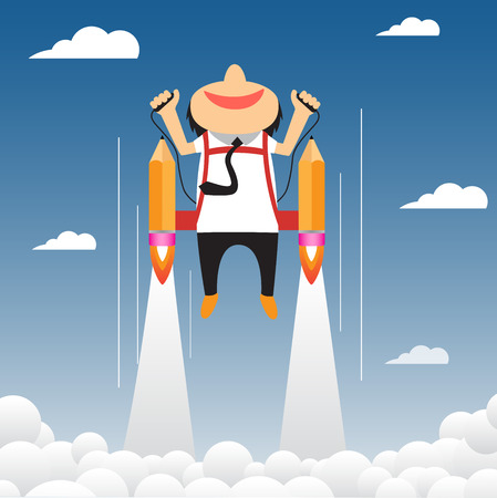 Cartoon businessman flying on the rocket to success. vector infographic illustrationのイラスト素材