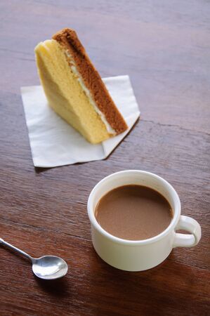 Short focus of abstract coffee time, coffee break with bakeryの写真素材