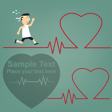 schematic illustration of the relation between sport and health of the heart, running medical man with ECG heartbeat.のイラスト素材