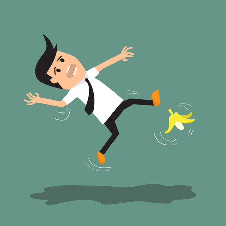 Businessman slipping on a banana peel. vector illustration.のイラスト素材