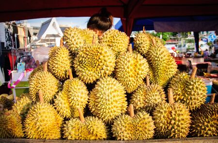 pile of durian in local market.の写真素材