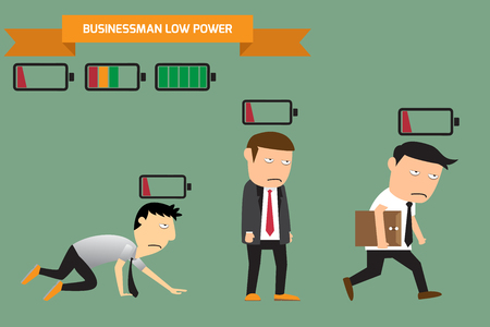 Businessman with low battery, low energy, vector illustration.のイラスト素材