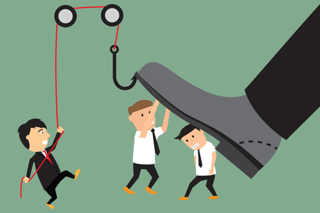 concept of conflict between subordinate and boss. businessman battle with the big feet. vector illustration.のイラスト素材