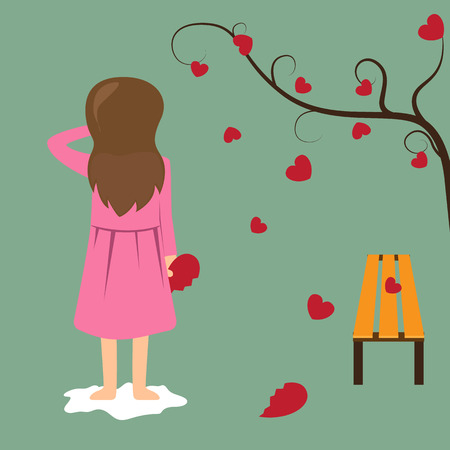 Sad girl hold red broken heart. valentine concept illustration.のイラスト素材