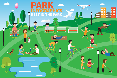 Rest in the park infographics elements, people having activities in the park, vector illustration.のイラスト素材