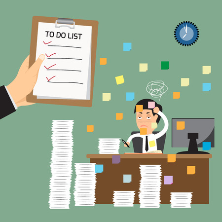 hand business man holding clipboard presenting to do list with business man hard work and no list of work.のイラスト素材