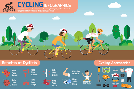 Cycling info-graphics. concept cycling with smiling cartoon man and woman riding on a bike with set of flat icons about bicycling and benefit of cyclists illustration.のイラスト素材