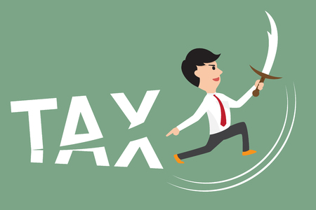 business man using sword cut tax. free tax and pay tax concept illustration.のイラスト素材