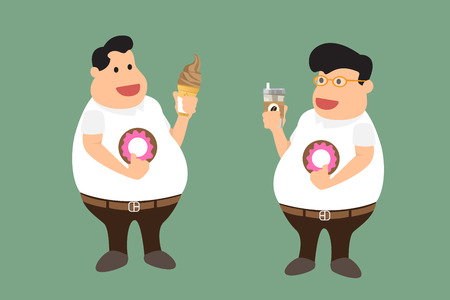 A fat man with fast food. obesity man. vector illustration.のイラスト素材