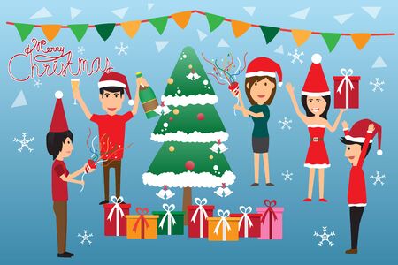 Christmas concept vector. Man and woman fun in Christmas party with drink, corporate, banquet, feast, company, celebration.  illustration.のイラスト素材