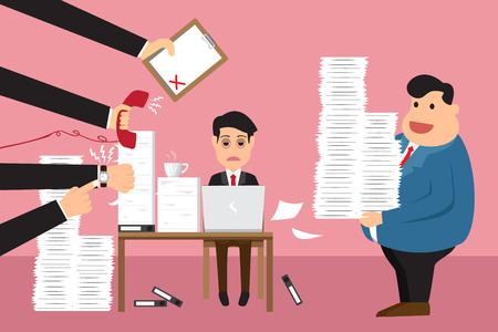 Worried cartoon businessman with phone in hand has a lot of work and document suitable for time management and many paperwork in hand boss. business concept design vector illustration.のイラスト素材
