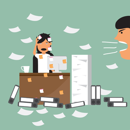 Business woman and busy working hard in the office of her boss to damn with her. time management and deadline concept vector illustration.のイラスト素材