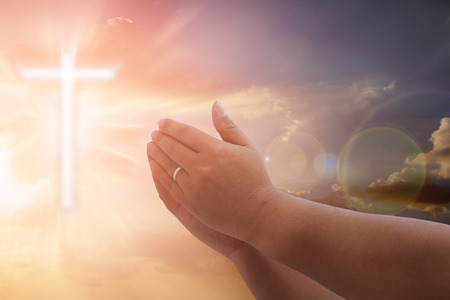 Human hands open palm up worship. Eucharist Therapy Bless God Helping Repent Catholic Easter Lent Mind Pray. Christian concept background.の写真素材