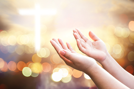 Human hands open palm up worship. Eucharist Therapy Bless God Helping Repent Catholic Easter Lent Mind Pray. Christian concept background.の写真素材