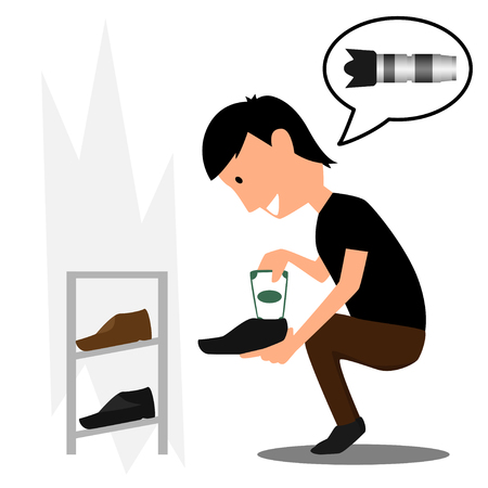 Man hide money wife in shoes. disguise money vector illustration.のイラスト素材