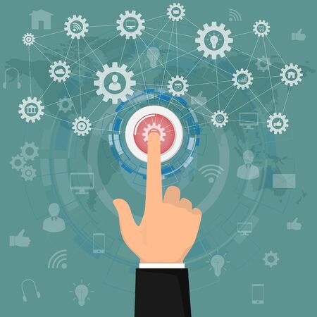 Human hand pressing Application button icons business. business and network technology with press...