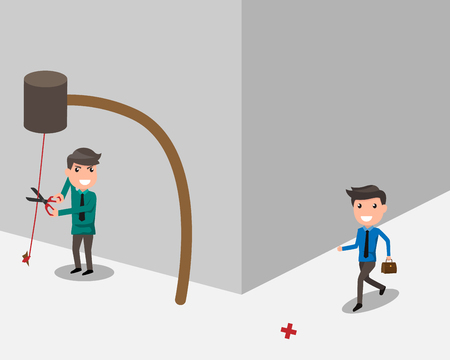 Businessman holding scissors intends to cut a rope trap for another businessman, rival business concept illustration.のイラスト素材