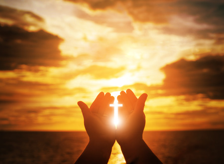 Christian man with open hands worship christian. Eucharist Therapy Bless God Helping Repent Catholic Easter Lent Mind Pray. Christian concept background.の写真素材