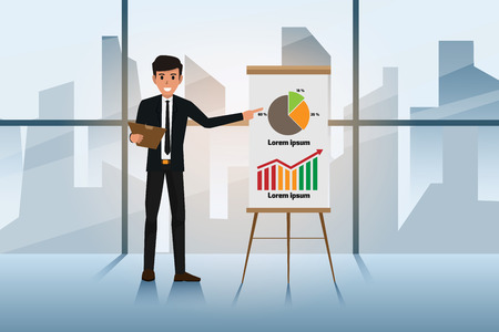 Businessman in suit and tie making presentation explaining charts on a white board. Business seminar. Character cartoon vector illustration.のイラスト素材