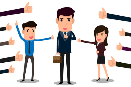 Happy and proud business man with many thumbs up hands around him. Business compliment concept.のイラスト素材