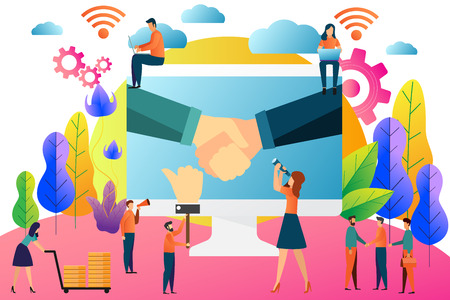 opening of a new startup. business handshake, vector illustration. business partnership with teamwork.のイラスト素材