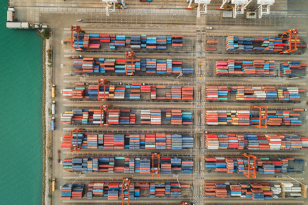 Aerial view container ship to sea port loading container for import export or transportation. shipping  business logistic. Trade Port and Shipping cargo to harbor, International transportation.の写真素材