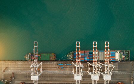 Aerial view sea port Container cargo loading ship in import export business logistic. Freight...