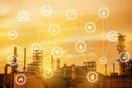 Light oil refinery at twilight with physical system icons diagram on industrial factory. Industry on...