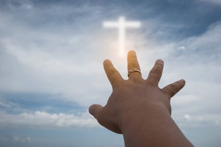 Human hands open palm up worship. Eucharist Therapy Bless God Helping Repent Catholic Easter Lent Mind Pray. Christian Religion concept background. fighting and victory for godの写真素材