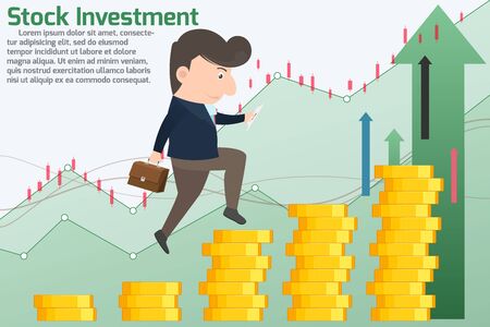 Stock investment take a profits concept. Marketing man doing activities various for investments and take a profits and trade with graph background. Stock investment concept vector illustration.のイラスト素材