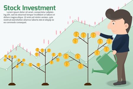 Stock investment take a profits concept. Marketing man doing activities various for investments and take a profits and trade with graph background. Stock investment concept vector illustration.のイラスト素材