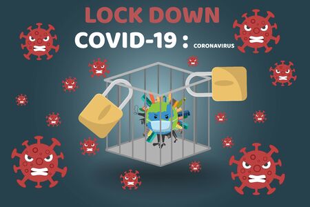 Covid-19 Pandemic world lockdown for quarantine. Covid-19 Coronavirus Outbreak, virus sign with world of life in Prison bar. World lock down protect novel coronavirus 2019. vector illustration.のイラスト素材