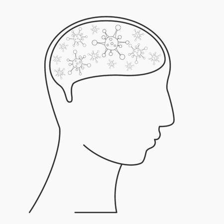 Coronavirus icon in Brain of human head. Human head silhouette with  virus icon. Vector line art logo illustration. Isolated on white. Panic about coronavirus or covid-19.のイラスト素材