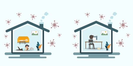 Social distancing how to protect yourself from covid-19. how to self isolation to limit spread of the coronavirus. healthcare and medical about infection prevention.Vector illustration. Work from homeのイラスト素材