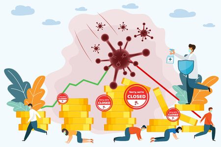 Financial crisis concept. The impact of coronavirus on the stock exchange and the global economy. Covid-19 virus hits market. Shares fall down. Markets plunging. Economic fallout from coronavirus.のイラスト素材