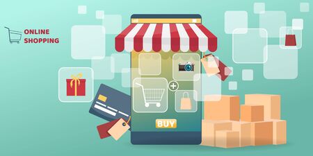 Online shopping on Mobile Application. mobile app, e-commerce on phone buy and pay concept. Vector illustrationのイラスト素材